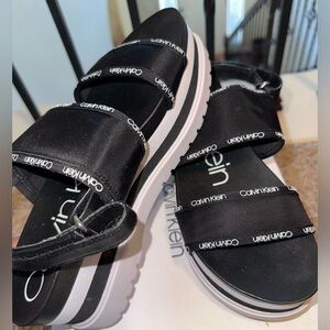 Calvin Klein | Nola Black and White Nylon Platform Sandals, size 6